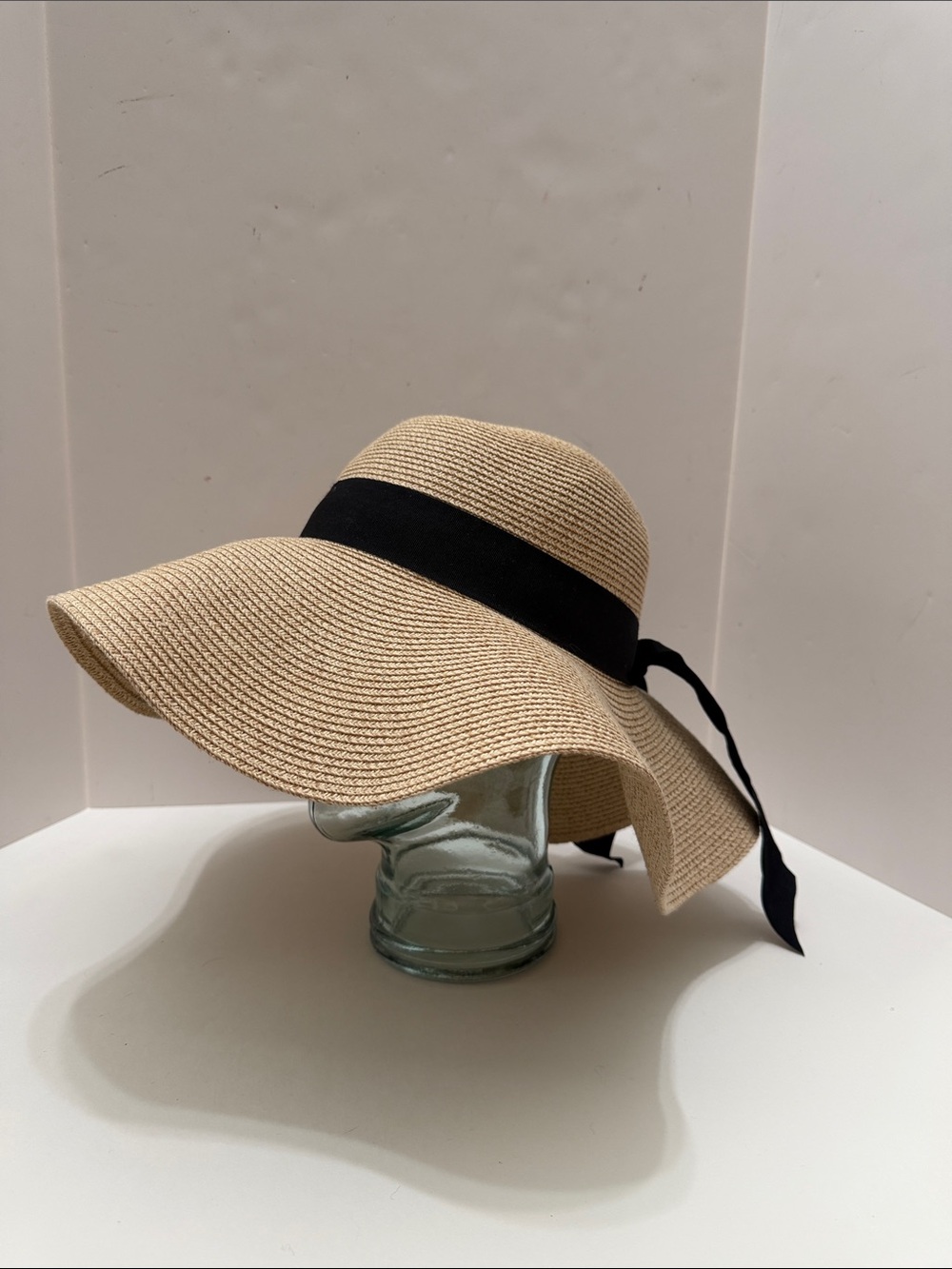 Natural Straw Floppy Sun Hat with Black Ribbon